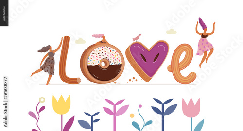 Dessert font - modern flat vector concept digital illustration of temptation font, sweet lettering and girls. Caramel, toffee, biscuit, waffle, cookie, cream and chocolate letters. Lettering Love