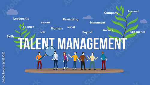 talent management concept with big text and team people with green leaf - vector