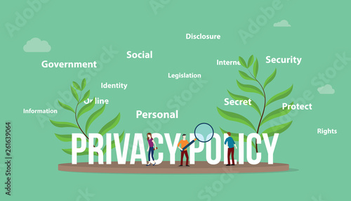 privacy policy concept with people team and big text with leaf and text related spread around - vector