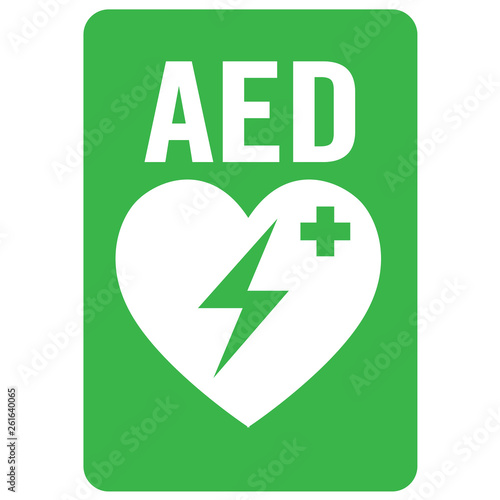 AED,automated external defibrillator / aed sign with heart and electricity symbol flat vector icon
