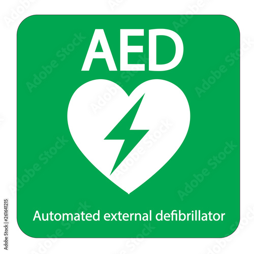 AED,automated external defibrillator / aed sign with heart and electricity symbol flat vector icon