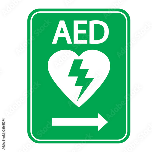 AED,automated external defibrillator / aed sign with heart and electricity symbol flat vector icon
