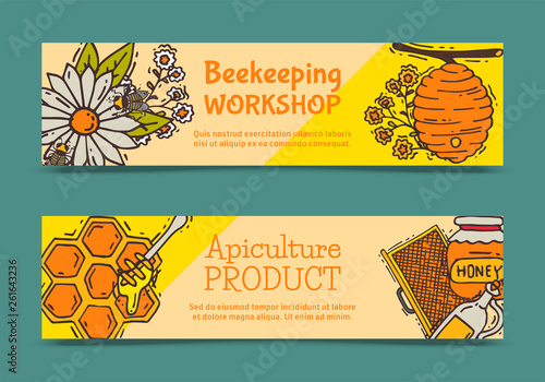 Beekeeping set of banners, apiary vector illustration. Beekeeping workshop and apiculture product. Honeycomb, honey from beehive, jar with organic honey. Bees swarm flying over flowers.