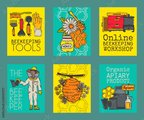 Apiary set of cards vector illustration. Beekeeping tools. Online beekeeping workshop. Beekeeper in protective suit with equipment. Organic apiary product. Jar with honey.