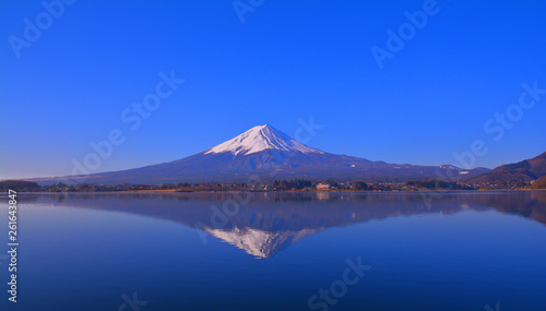 Upside down Mt. Fuji of blue sky clear from Lake Kawaguchi Japan wide panorama 04/13/2019