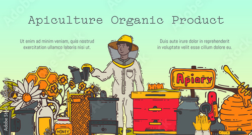 Beekeeping banner, apiary and beekeeper in protective suit vector illustration. Man with equipment. Honeycomb, honey from beehive, jar with organic honey. Apiculture organic product.