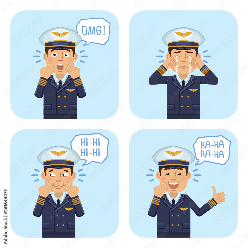 Set of airline pilot characters showing different facial expressions. Cheerful pilot showing thumb up gesture, laughing, crying, smiling, surprised. Flat style vector illustration