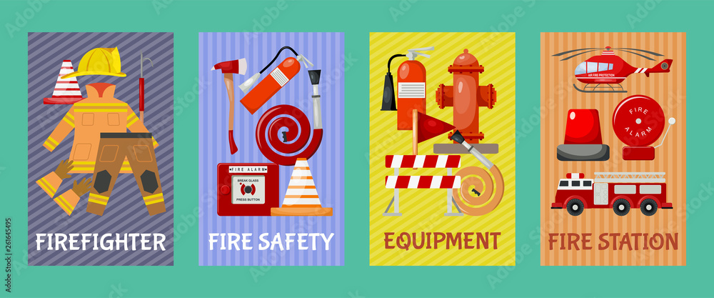 Fire safety set of cards, banners vector illustration. Firefighter uniform and inventory. Equipment as firehose hydrant, alarm, bollard and extinguisher station.