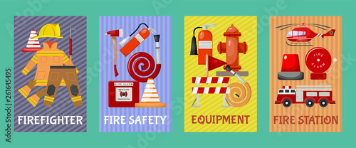 Fire safety set of cards, banners vector illustration. Firefighter uniform and inventory. Equipment as firehose hydrant, alarm, bollard and extinguisher station.