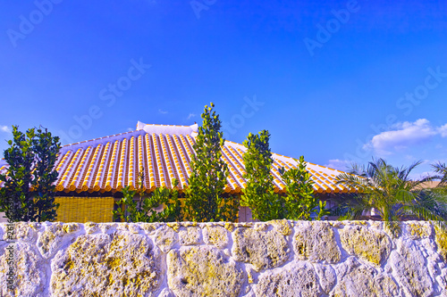 朝日を浴びて輝く沖縄の住居