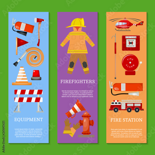 Fire safety set of banners vector illustration. Firefighter uniform and inventory. Helmet, gloves. Equipment as firehose hydrant, alarm, bollard and extinguisher station.