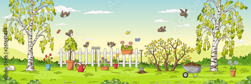Fototapeta Panorama spring landscape with birds, flowers, trees and gardening tools