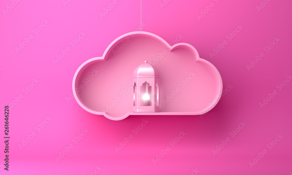 Arabic lantern and on the hanging cloud with pink pastel background copy space text. Design creative concept for islamic celebration day ramadan kareem or eid al fitr adha. 3d rendering illustration. Arabic lantern and on the hanging cloud with pink pastel background copy space text. Design creative concept for islamic celebration day ramadan kareem or eid al fitr adha. 3d rendering illustration.