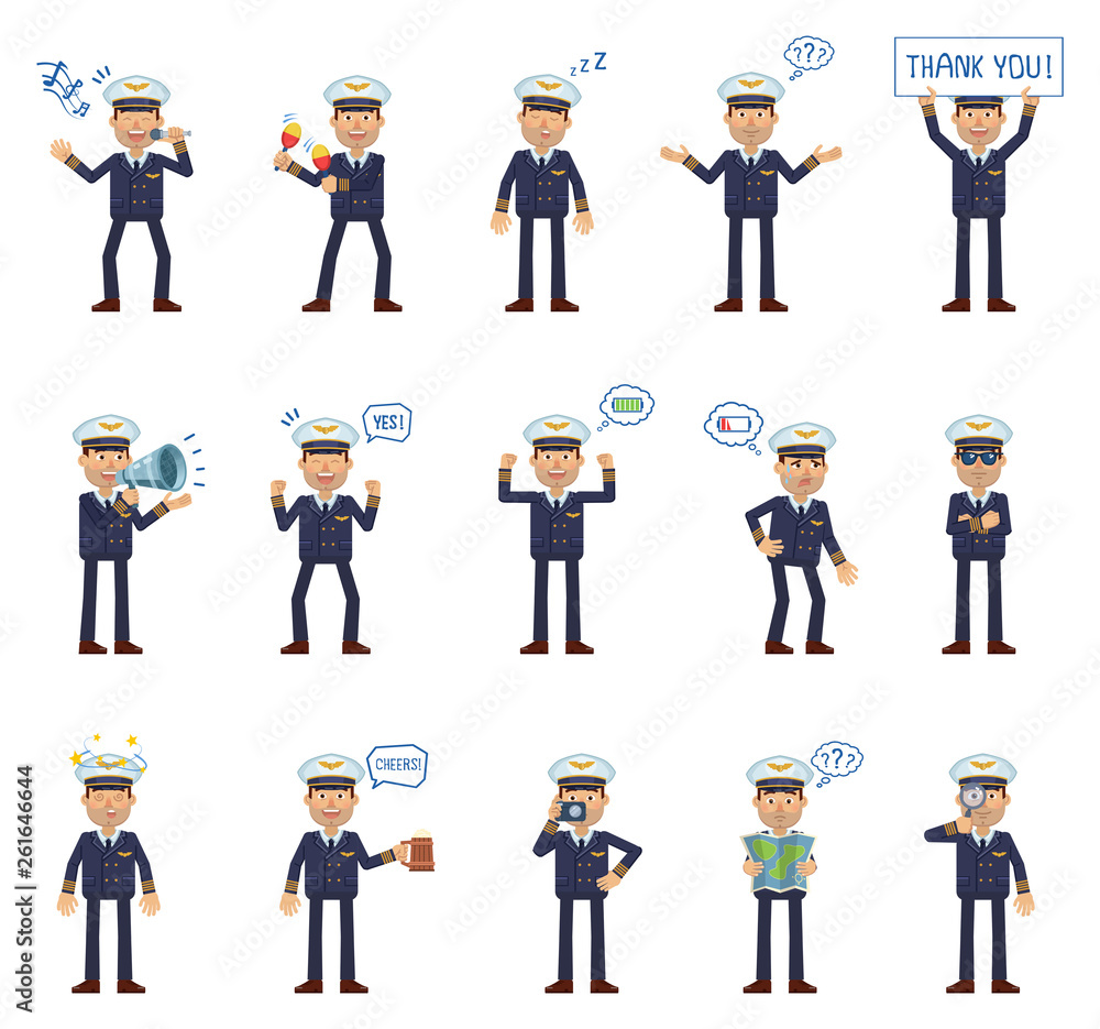 Big set of airline pilot characters showing different actions, emotions, gestures. Cheerful pilot karaoke singing, dancing, holding banner, map and doing other actions. Flat vector illustration Big set of airline pilot characters showing different actions, emotions, gestures. Cheerful pilot karaoke singing, dancing, holding banner, map and doing other actions. Flat vector illustration