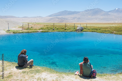 Pamir Mountains, Tajikistan - Aug 21 2018: Ak Balyk Lake in Gorno-Badakhshan, Tajikistan. It is located in the World Heritage Site Tajik National Park (Mountains of the Pamirs).