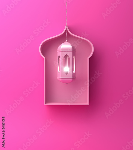 Arabic window shelf and hanging lantern on pink pastel background. Design creative concept of islamic celebration day ramadan kareem or eid al fitr adha. 3D rendering illustration.