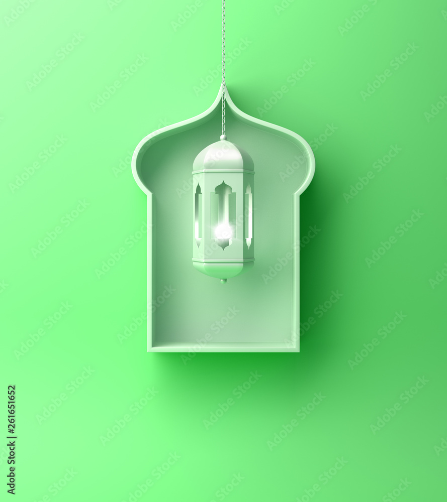 Arabic window shelf and hanging lantern on green pastel background. Design creative concept of islamic celebration day ramadan kareem or eid al fitr adha. 3D rendering illustration. Arabic window shelf and hanging lantern on green pastel background. Design creative concept of islamic celebration day ramadan kareem or eid al fitr adha. 3D rendering illustration.