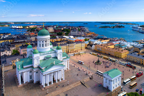Helsinki cityscape with Lutheran cathedral at Senate square Aerial photo