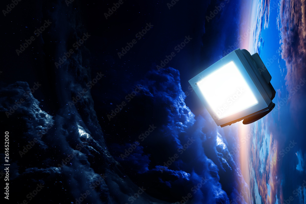 Retro pc screen flying in space