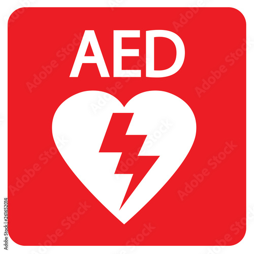 AED,automated external defibrillator / aed sign with heart and electricity symbol flat vector icon photo