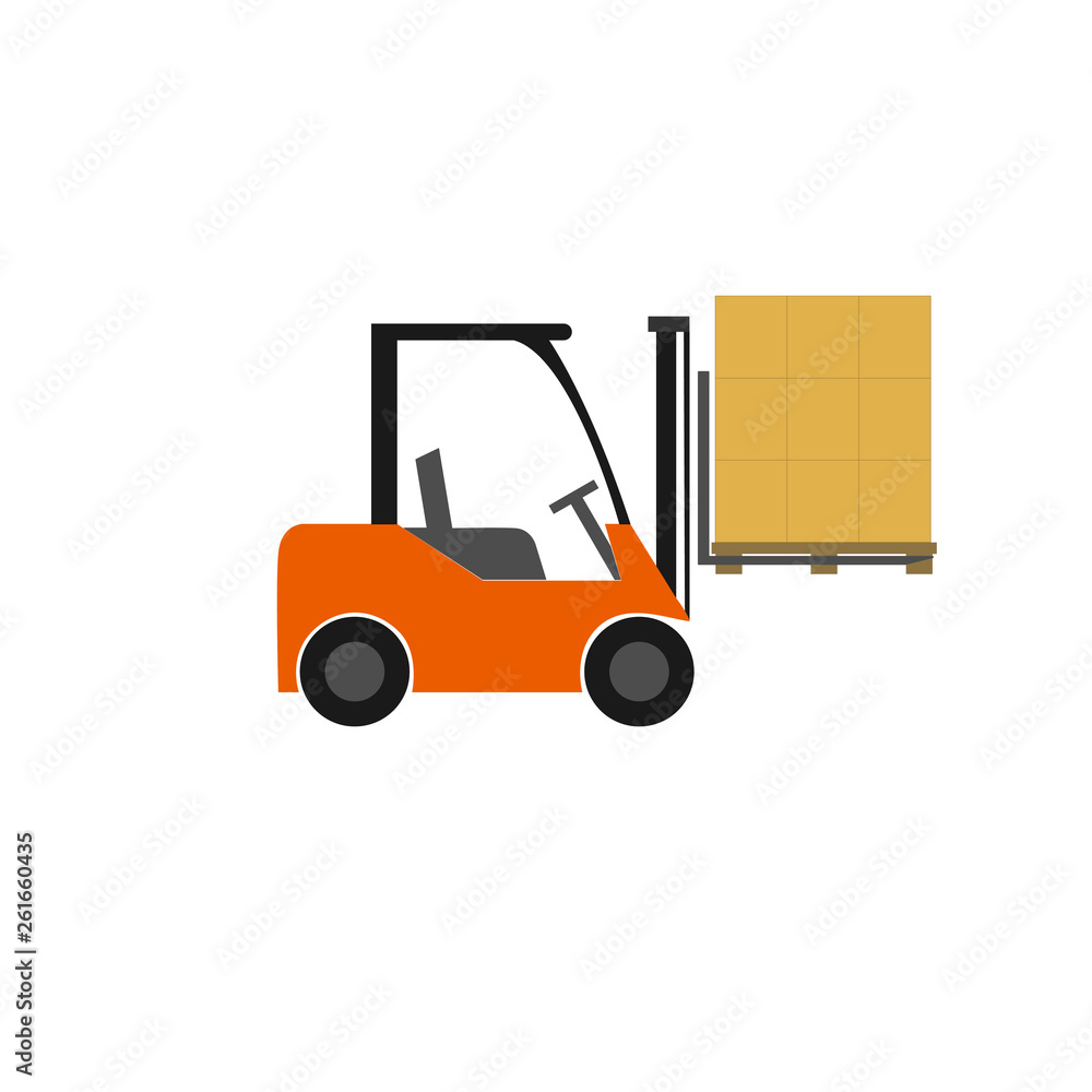 Naklejka premium Forklift truck icon. Transportation of cargo and boxes in the warehouse. Vector illustration