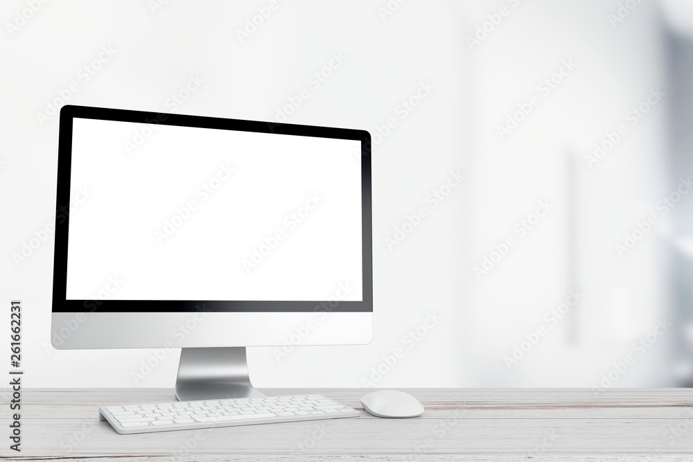 Mock up work space computer with blank screen on office desk. 3d rendering Mock up work space computer with blank screen on office desk. 3d rendering