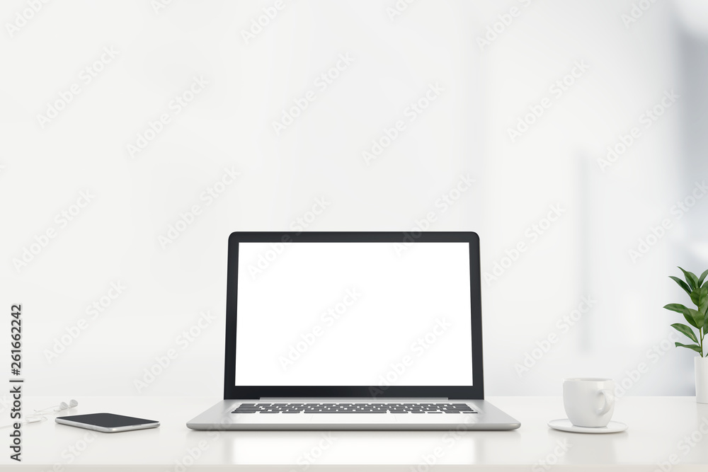Mock up work space laptop with blank screen on office desk. 3d rendering Mock up work space laptop with blank screen on office desk. 3d rendering