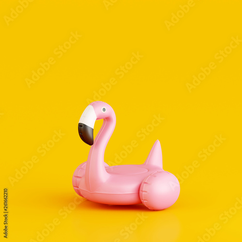 Flamingo float on yellow background. Summer minimal concept. 3d rendering photo