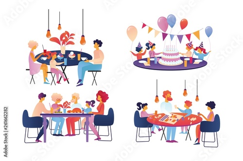 Happy Family Celebrate and Sparetime Set Isolated.