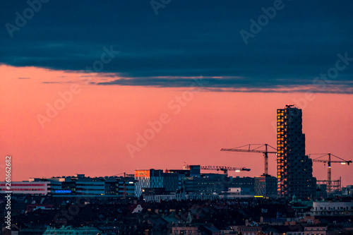 Stockholm, Sweden The city skyline at sunset and the Norra Torn skyscraper.