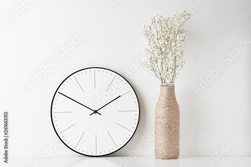 Home office minimal workspace desk with wall clock