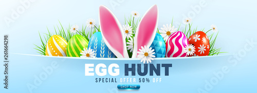 Easter Sale poster and banner template with Easter Eggs and flower on blue.Greetings and presents for Easter Day.Promotion and shopping template for Easter Day.Vector illustration EPS10