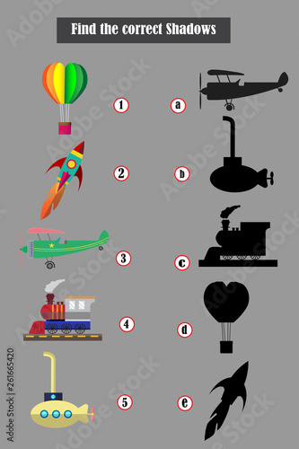 Find correct shadow. Kids educational game.set of airplane.