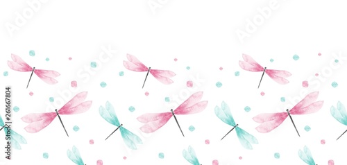 Vector Seamless Pattern with Watercolor Dragonfly  .Perfect for postcards, greeting cards, wedding invitations