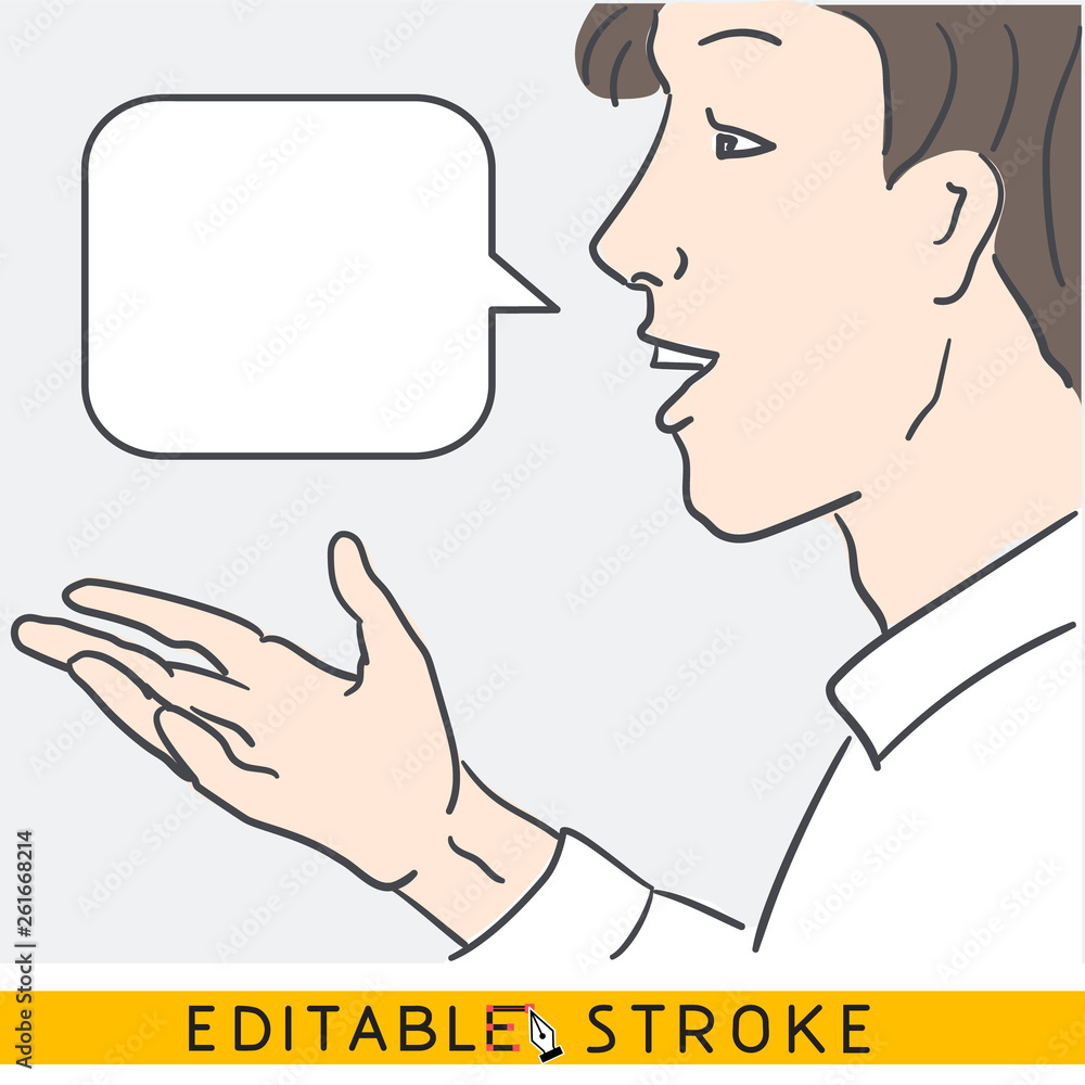 Business man says. Dialogue icon. Profile view to speaking man with open hand gesture and talk bubble. Concept of communication and dialogue. Easy editable stroke line vector. Hand drawn doodle icon. Business man says. Dialogue icon. Profile view to speaking man with open hand gesture and talk bubble. Concept of communication and dialogue. Easy editable stroke line vector. Hand drawn doodle icon.