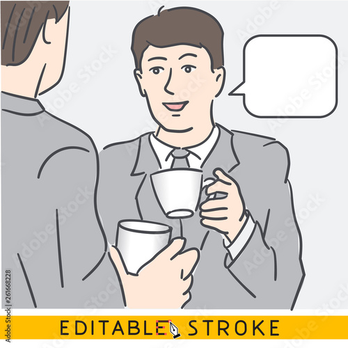 Dialogue between two office employee they talk during coffee break time. Over-the-Shoulder view. Concept of communication. Easy editable stroke line vector. Hand drawn doodle comic icon with bubble.