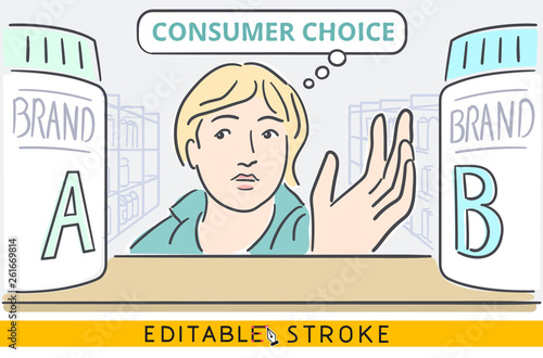 Consumer choice or customer choice concept situation. Woman choosing between two similar brands of goods on supermarket shelf inside supermarket interior. Easy editable stroke line vector. Hand drawn.