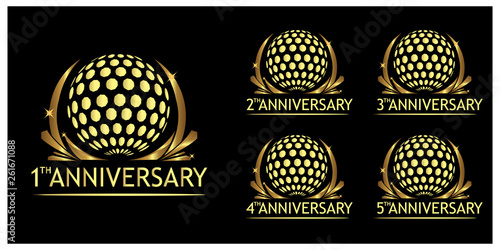 Anniversary golf logo. Set of gold icons isolated on black