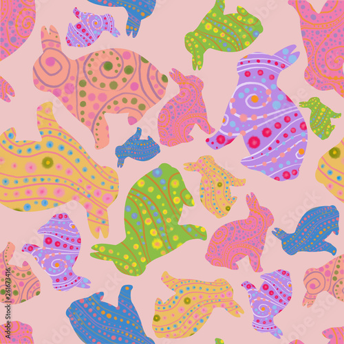 Easter Bunny Seamless Pattern. Bunny Silhouettes Decorated with Doodles. Continuous Design in Cheerful Easter Colors for Background, Wallpaper, Textile, and Wrapping Paper.