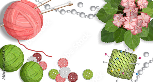 Colorful table with handmade crafts for knitting and sewing vector illustration