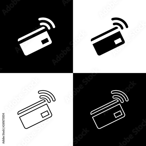 Set Contactless payment with nfc card icons isolated on black and white background. Card with radio wave sign. Credit card payment. Line, outline and linear icon. Vector Illustration