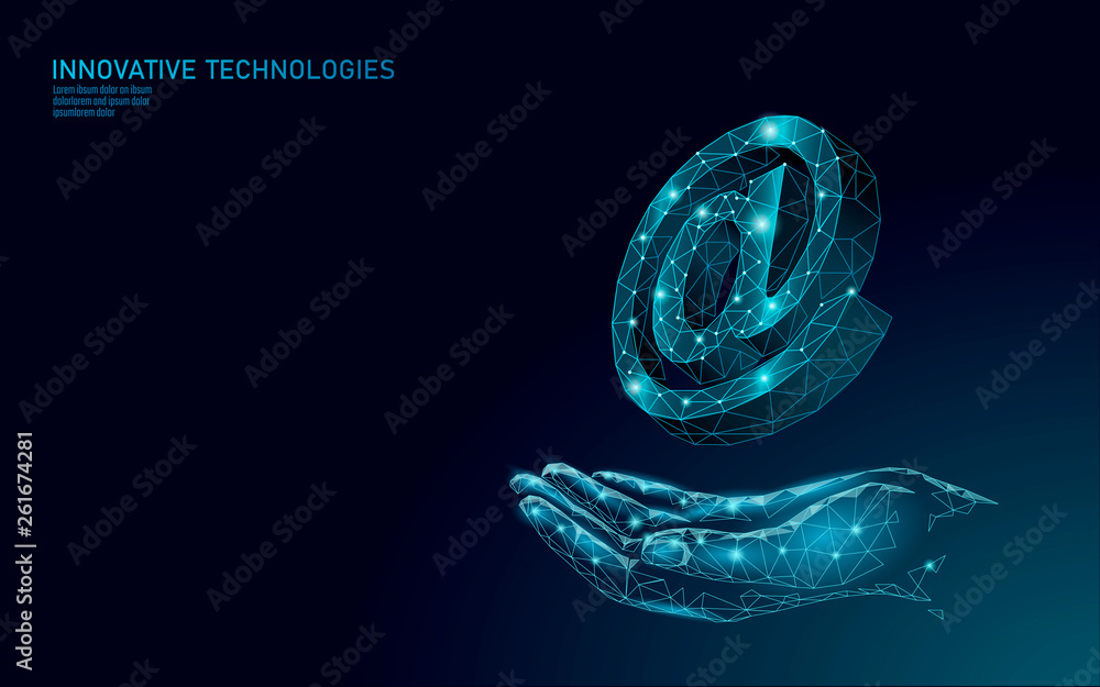 Obraz premium At email social media sign. Low poly 3D polygonal at symbol notification in messenger personal appeal. Online communication web message mobile on hand mail agent vector illustration