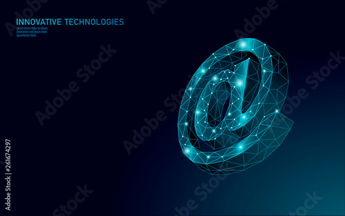 At email social media sign. Low poly 3D polygonal at symbol notification in messenger personal appeal. Online communication web message mobile mail agent vector illustration