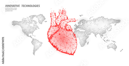 World heart attack day awareness. Health medicine poster template. red polygonal heart on world map global healthcare cardiology vector illustration