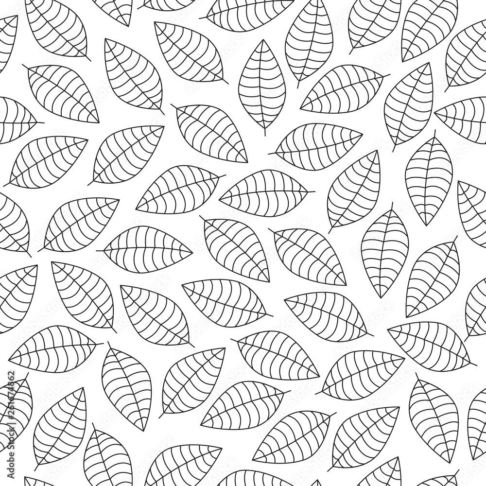 Vector seamless pattern with black leaves silhouettes on a white background'