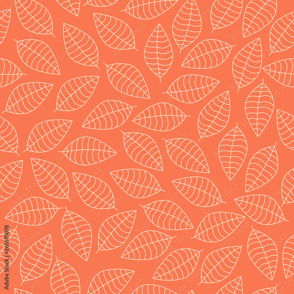Vector seamless pattern with white leaves silhouettes on an orange