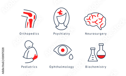 Medical specialization symbols set, orthopedics, psychiatry, neurosurgery, biochemistry, pediatrics, ophthalmology vector Illustration on a white background