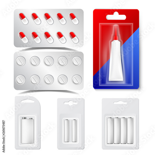 Drugs, Pills, Blisters, Batteries Vector Realistic Set. Glue Tube In Shiny Silver Blisters Isolated Cliparts Set. Antibiotics Capsules. Pharmacy, Medicine Packaging 3D Illustration