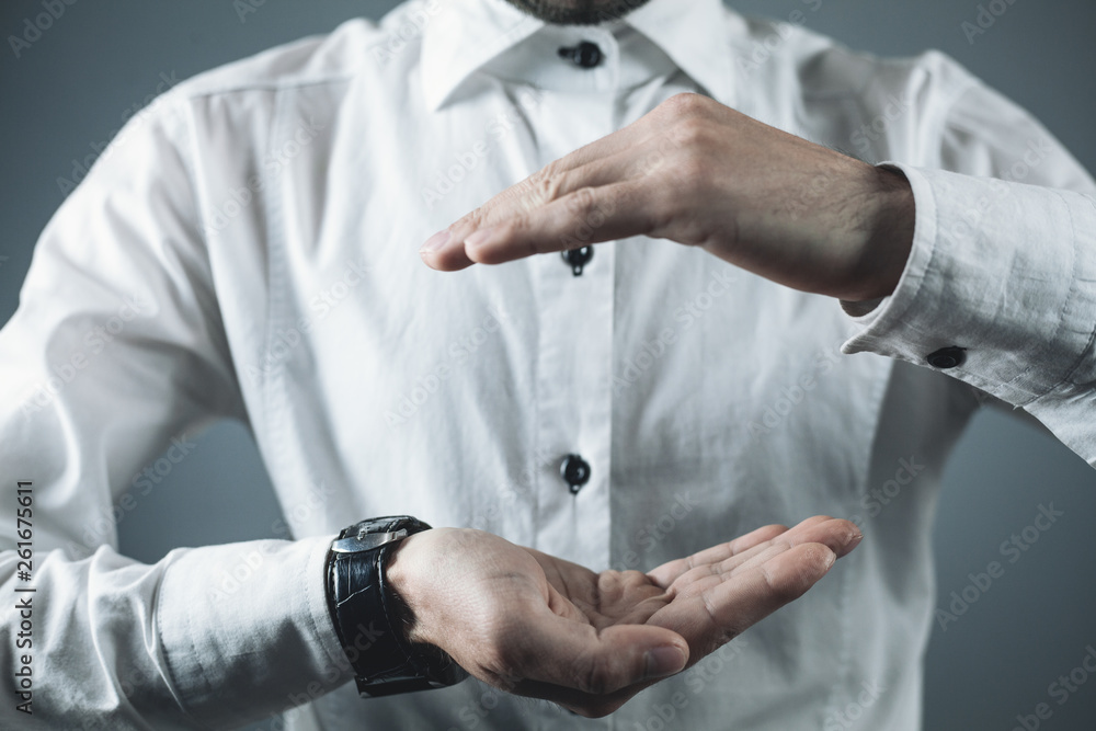 Businessman with protect gesture. Businessman with protect gesture.