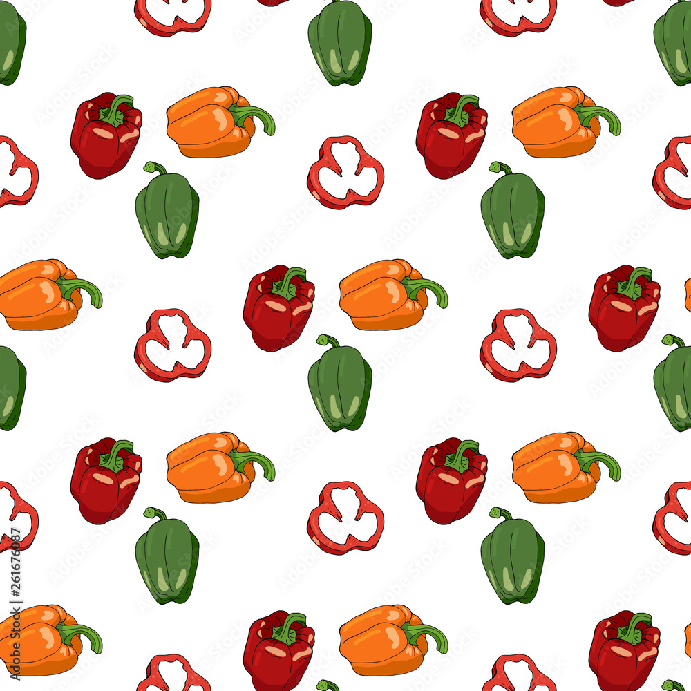 Seamless pattern with bell peppers and bell pepper slices. Endless pattern with red, green and yellow sweet peppers on white background Seamless pattern with bell peppers and bell pepper slices. Endless pattern with red, green and yellow sweet peppers on white background